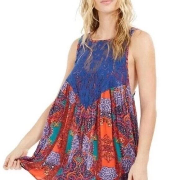 NWT Free People Count Me In Trapeze Hot Red Combo Tunic Size Small Retail $88 - Picture 1 of 8